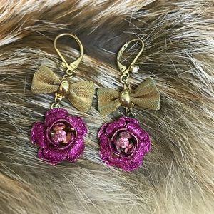 Betsey Johnson Sparkly Rose Gold Bow Earrings